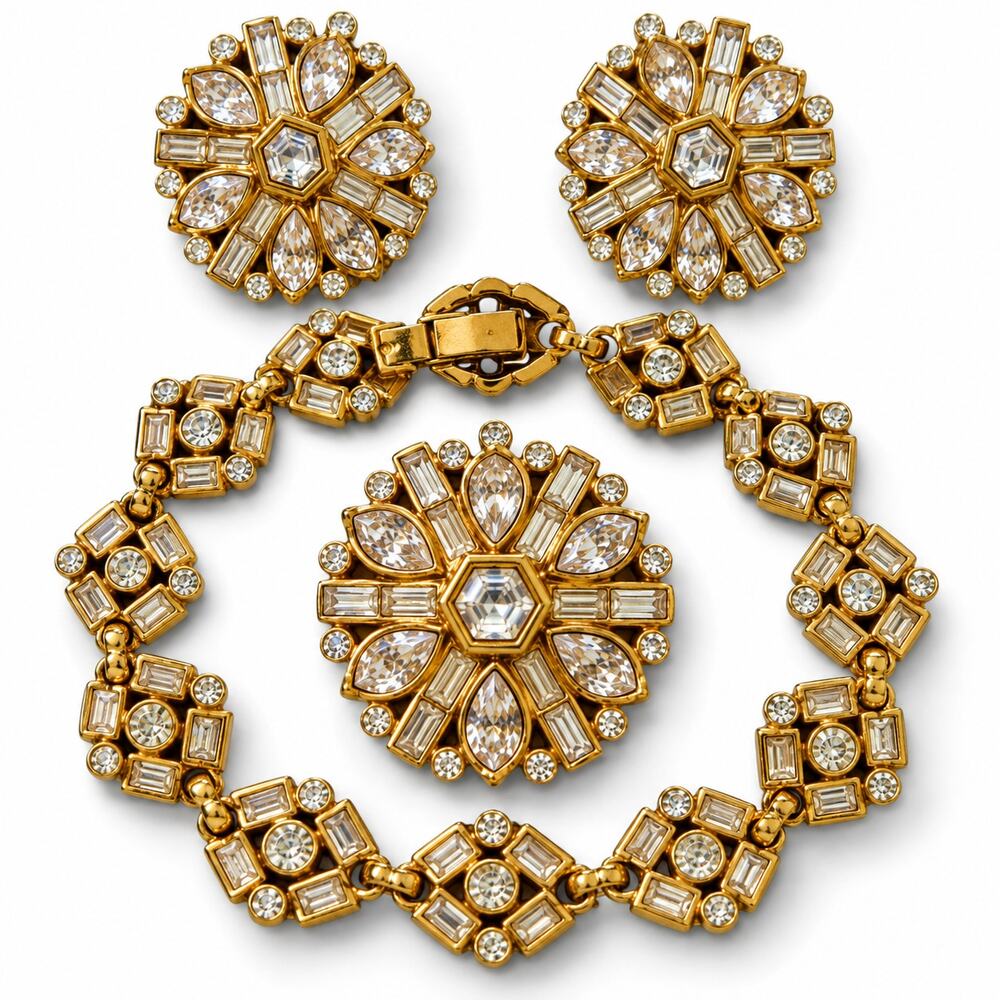 Vintage 1990s Swarovski Swan Crystal Parure Bracelet Brooch Clip Earrings Gold
